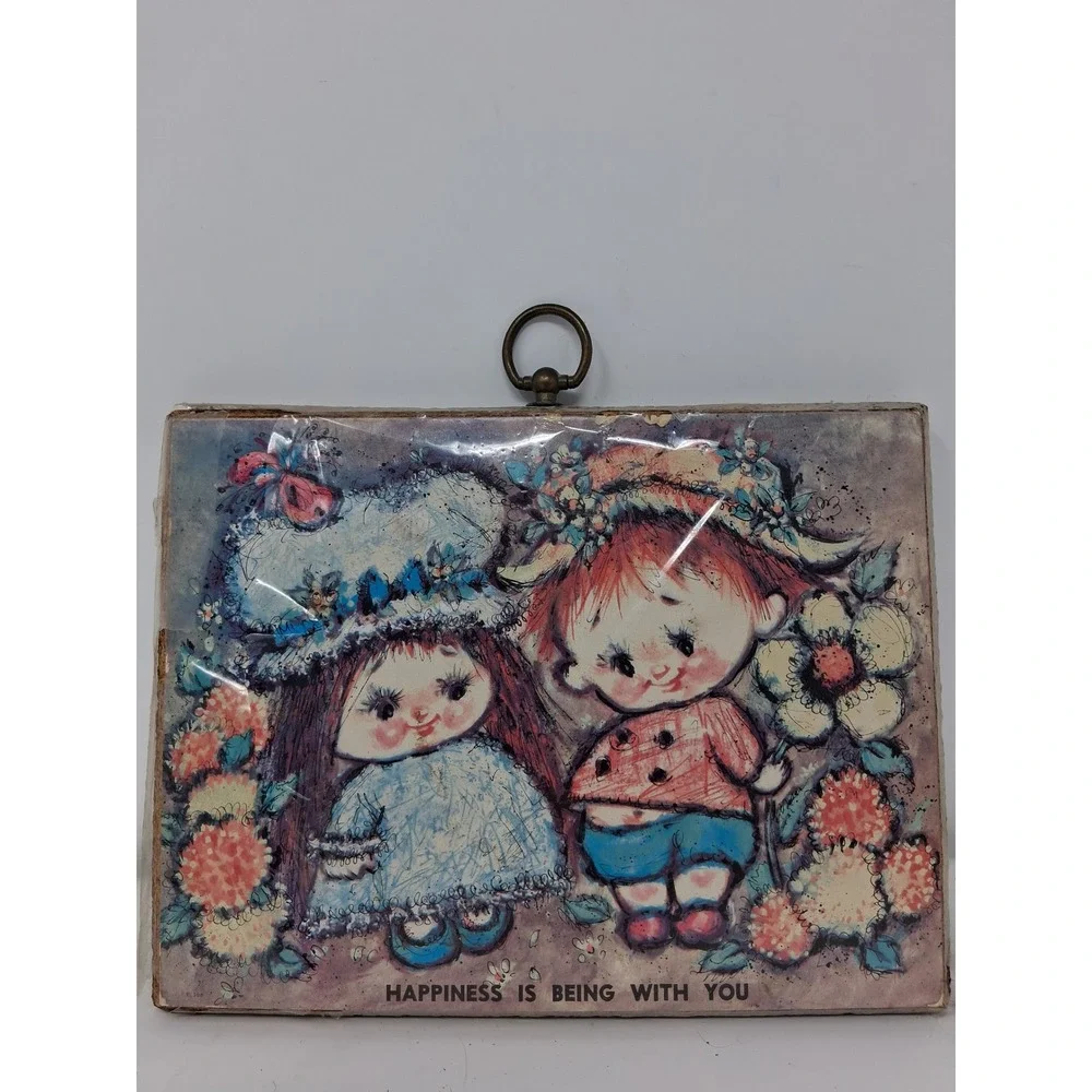 Vintage 1970s Happiness Is Being With You Wooden Wall Plaque Retro Kitsch Art. Q